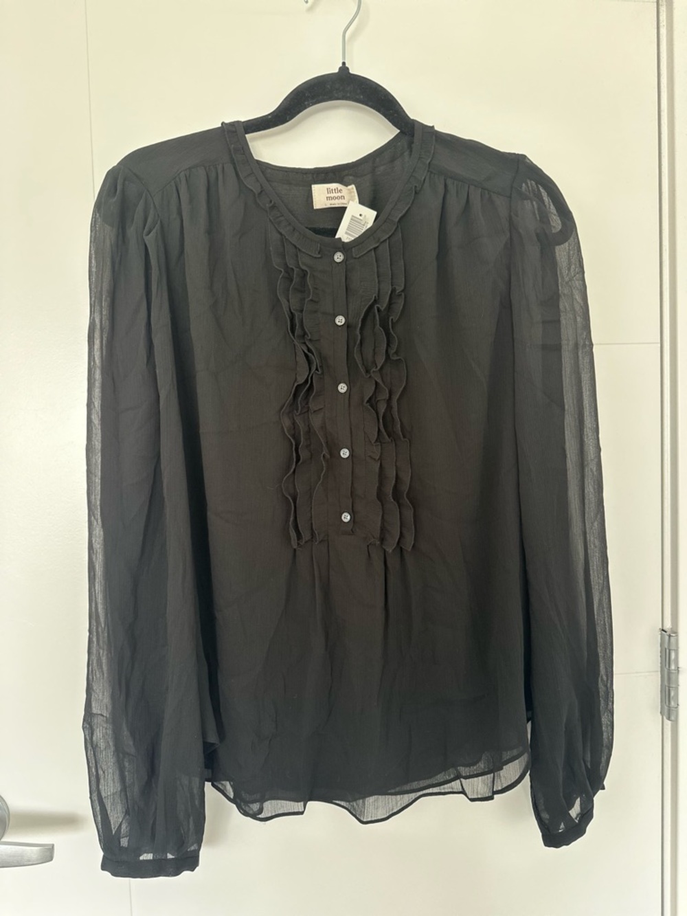 NWT Aritzia Little Moon Black Sheer Ruffle-Front Blouse